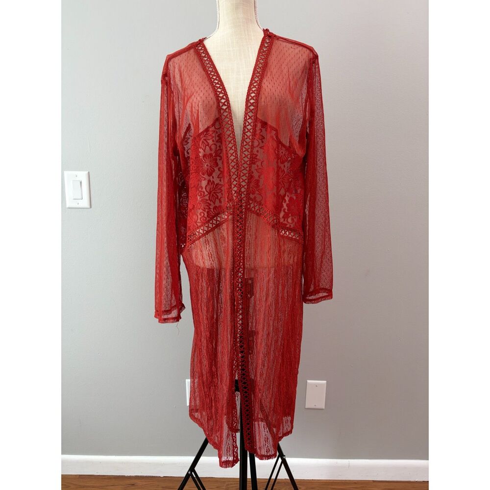 Womens 2XL 3XL Rust Red Lace Duster Kimono Sheer Cardigan Boho Beach Coverup